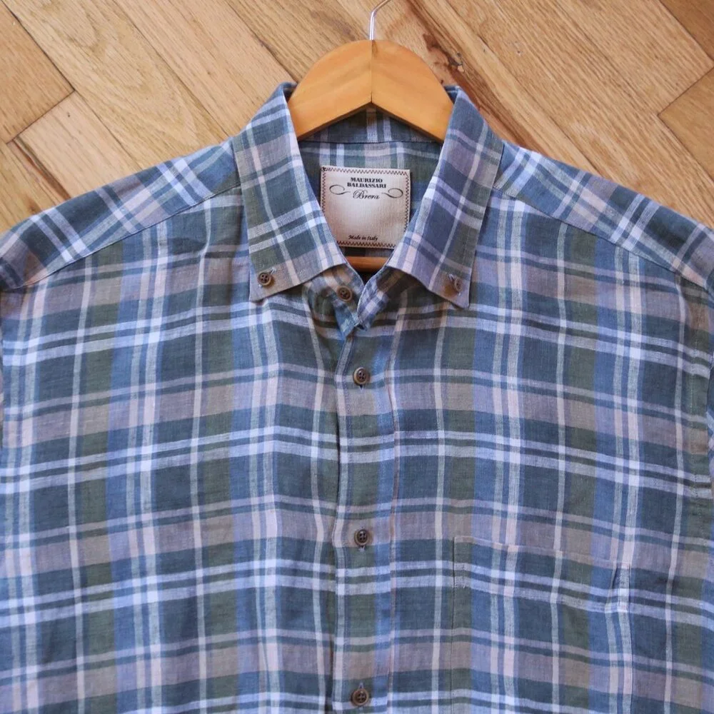 Maurizio Baldassari Brera Shirt Men's L Plaid 100% Linen Button-Down Azure Gray - Picture 2 of 8